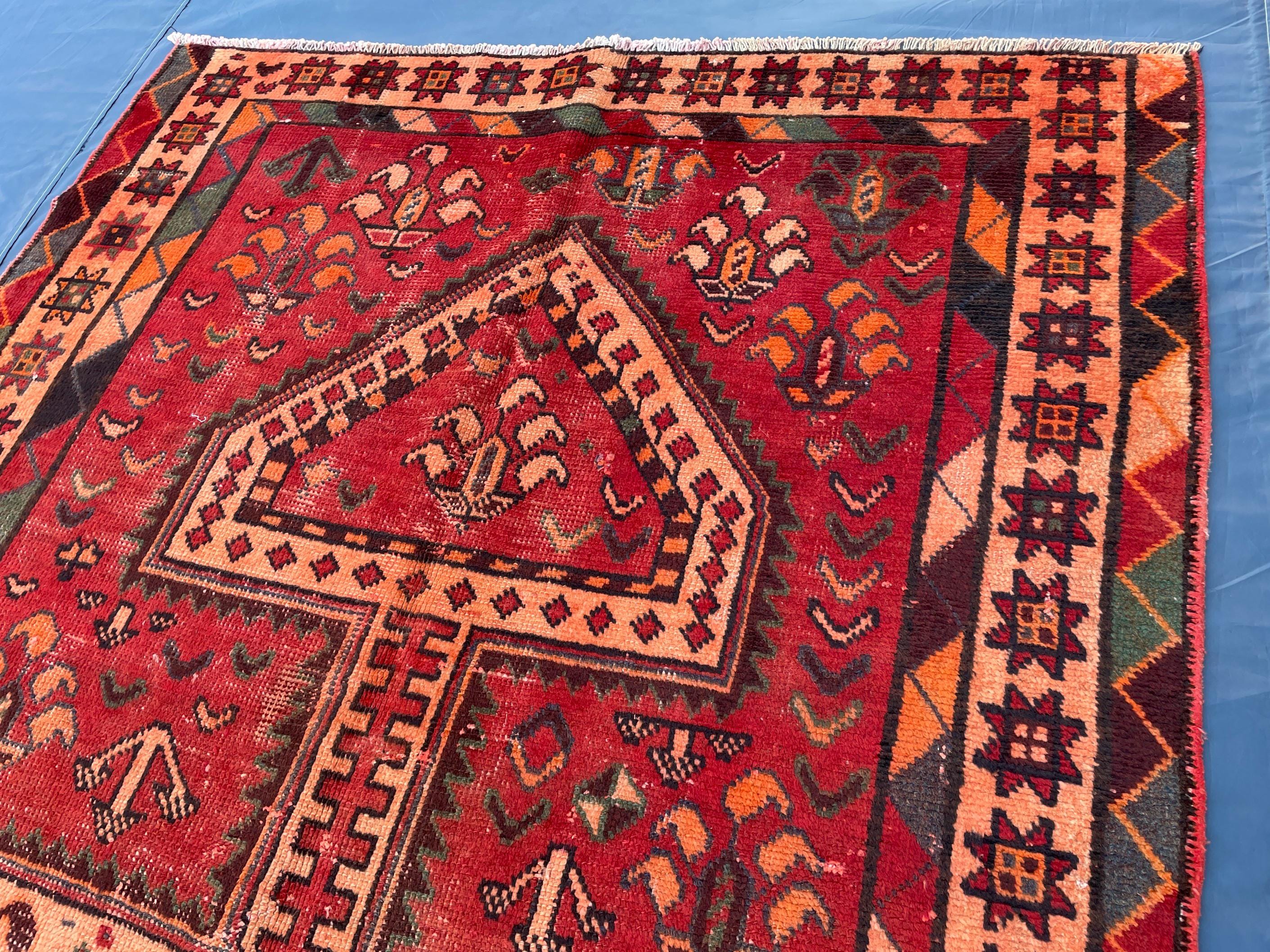 4x9 Rustic Red Vintage Handwoven Wool Rug, Carpet for Farmhouse