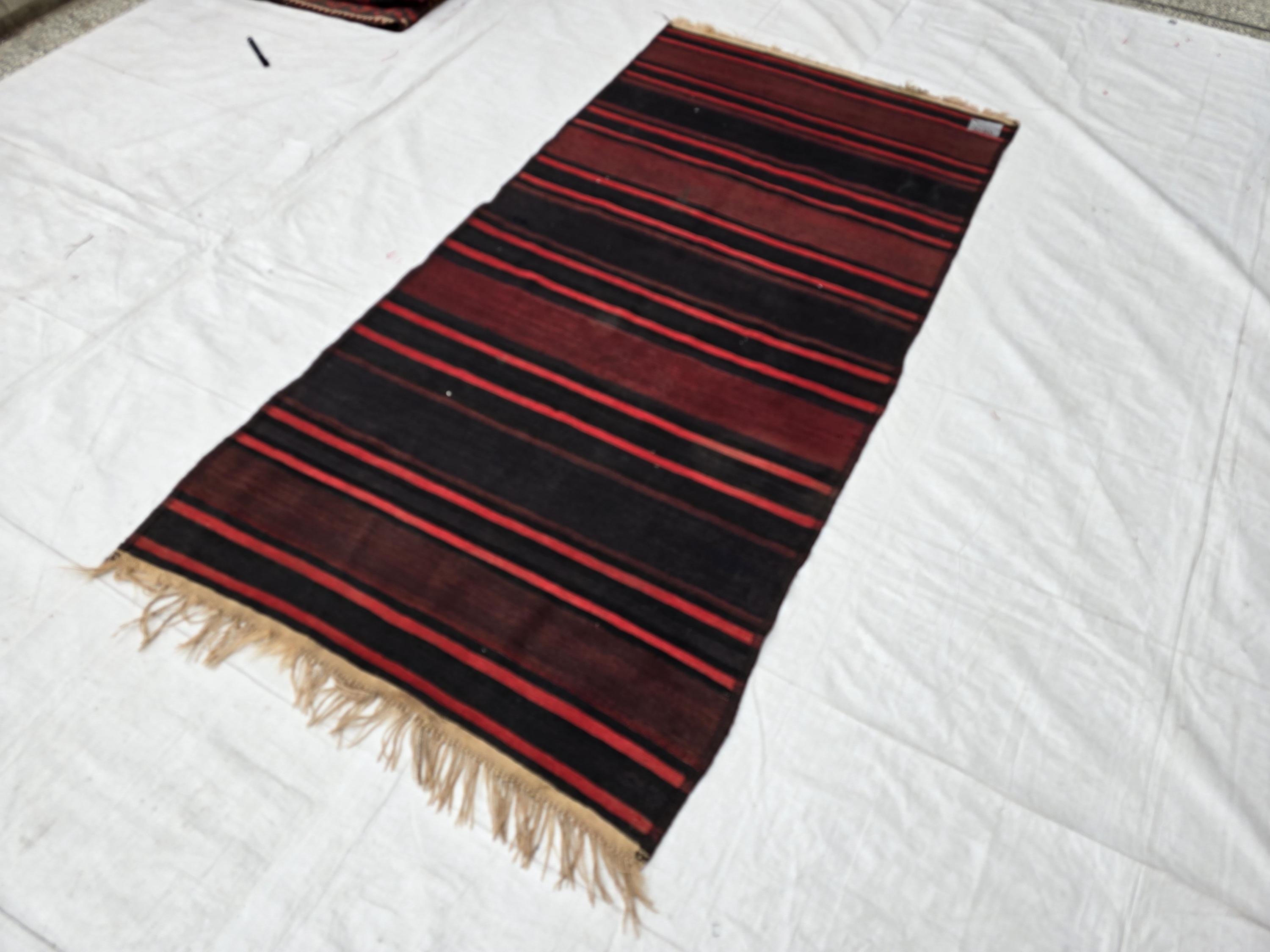 Antique Black Red Striped Kilim 3×6 ft – Handwoven Tribal Wool Runner, Vintage Flatweave Rug