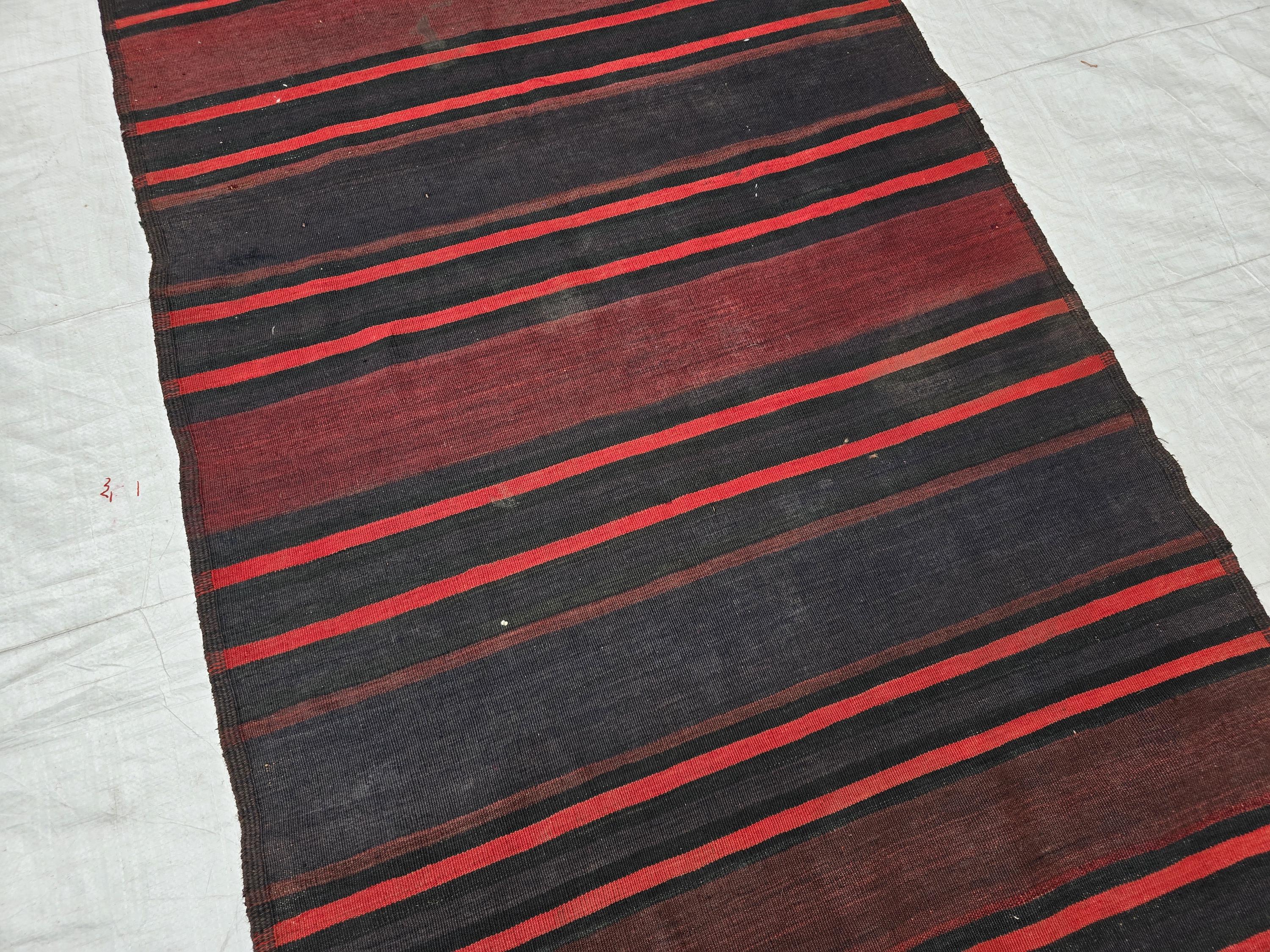 Antique Black Red Striped Kilim 3×6 ft – Handwoven Tribal Wool Runner, Vintage Flatweave Rug