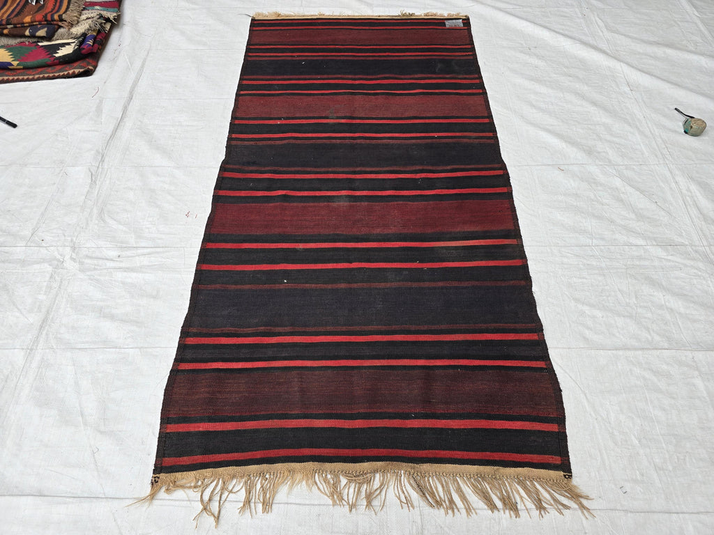 Antique Black Red Striped Kilim 3×6 ft – Handwoven Tribal Wool Runner, Vintage Flatweave Rug