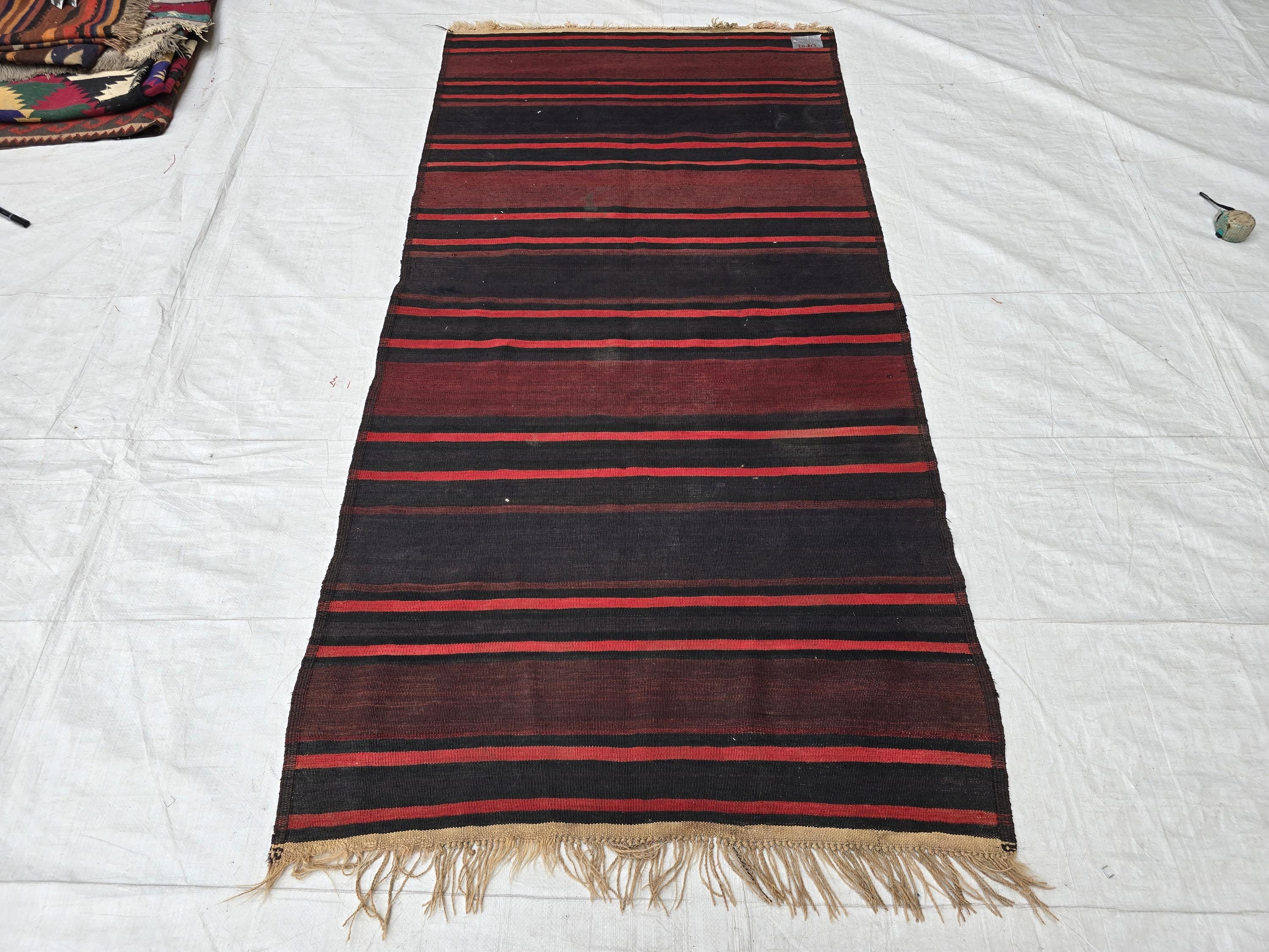 Antique Black Red Striped Kilim 3×6 ft – Handwoven Tribal Wool Runner, Vintage Flatweave Rug