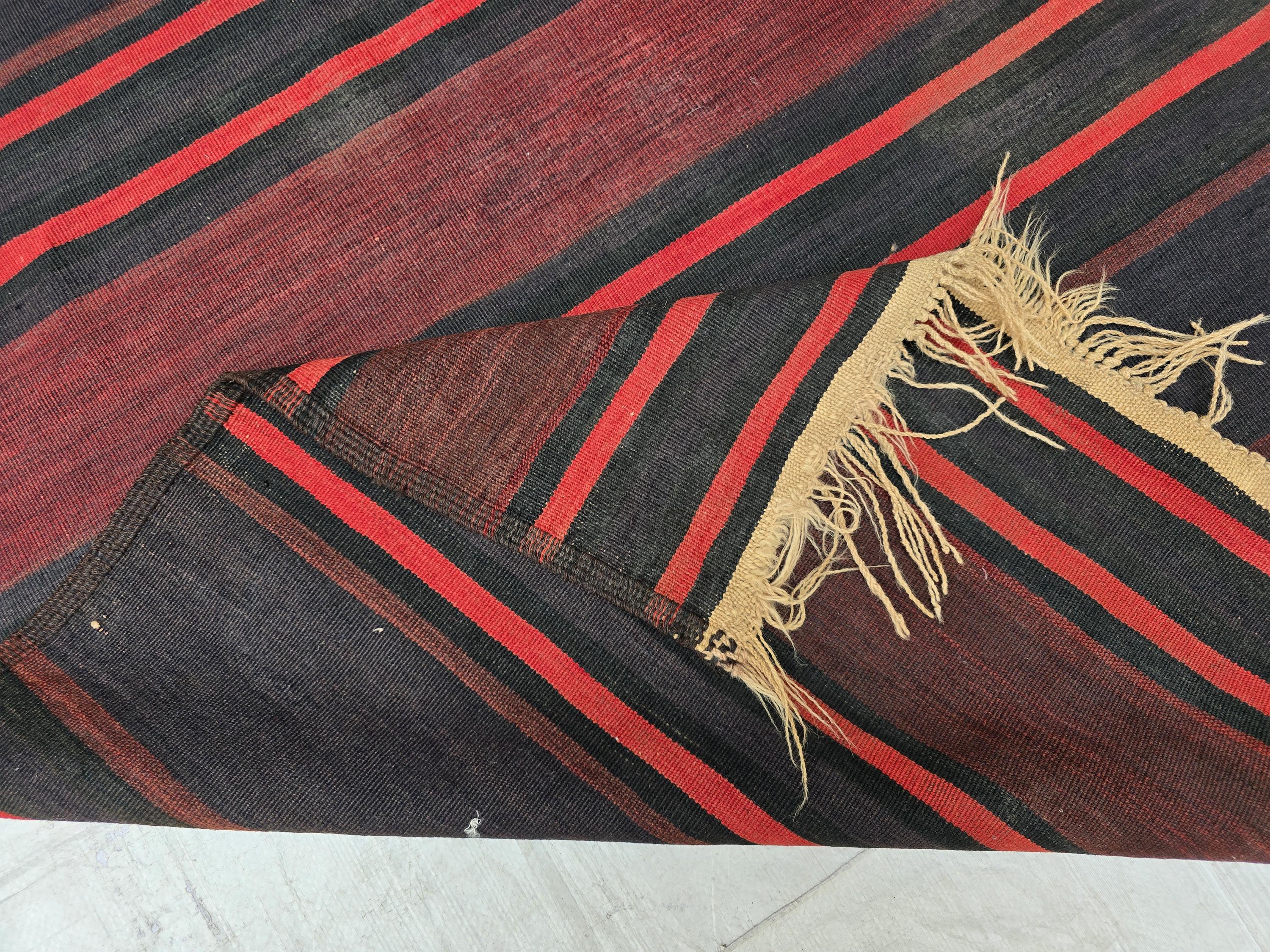 Antique Black Red Striped Kilim 3×6 ft – Handwoven Tribal Wool Runner, Vintage Flatweave Rug