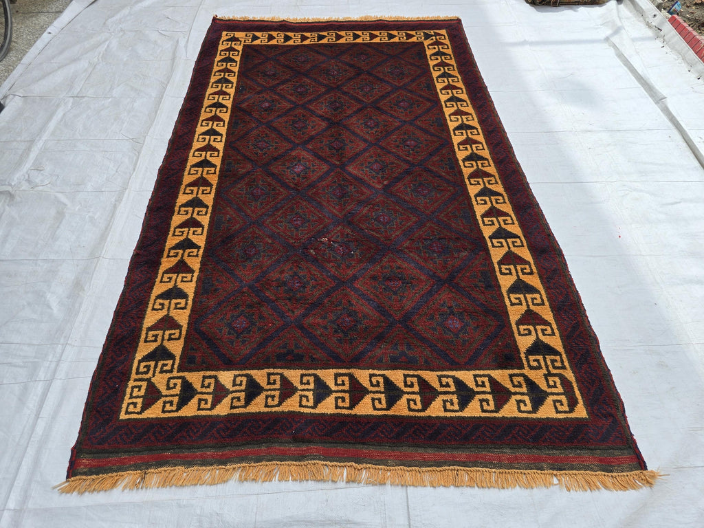 5x8 Ft Soft High Pile Antique Style Rug, Burgundy Tribal Geometric Area Carpet