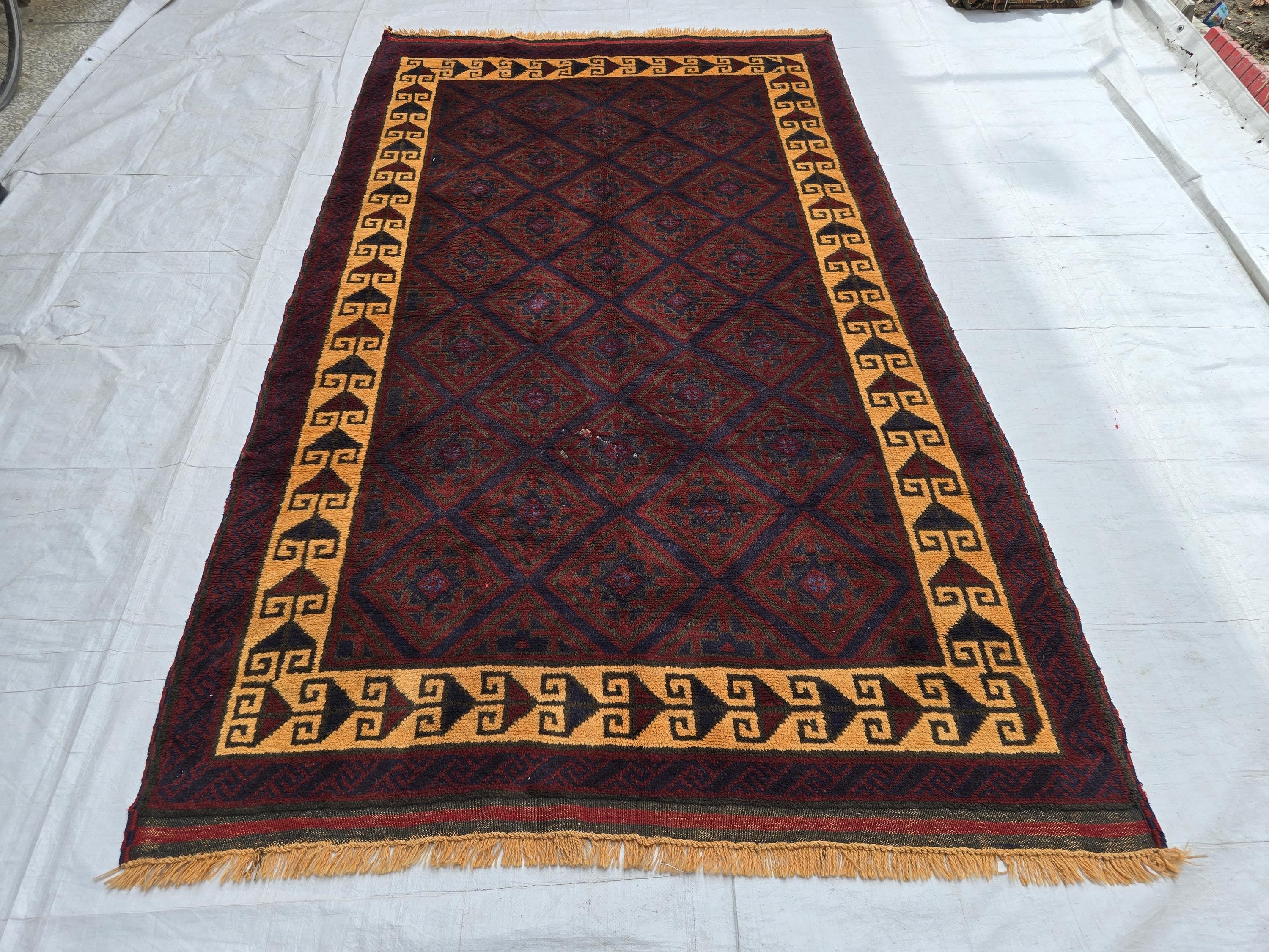 5x8 Ft Soft High Pile Antique Style Rug, Burgundy Tribal Geometric Area Carpet