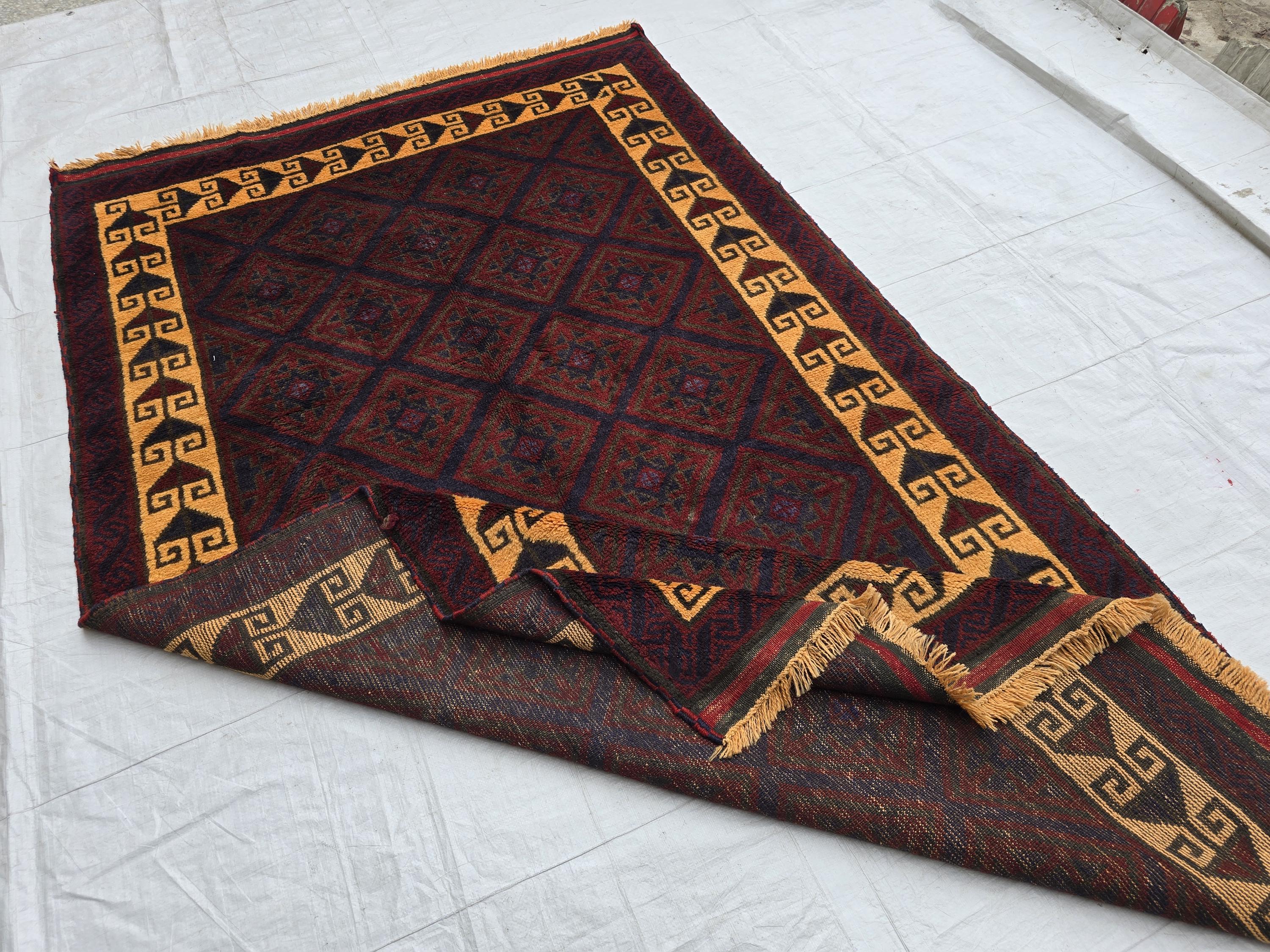 5x8 Ft Soft High Pile Antique Style Rug, Burgundy Tribal Geometric Area Carpet