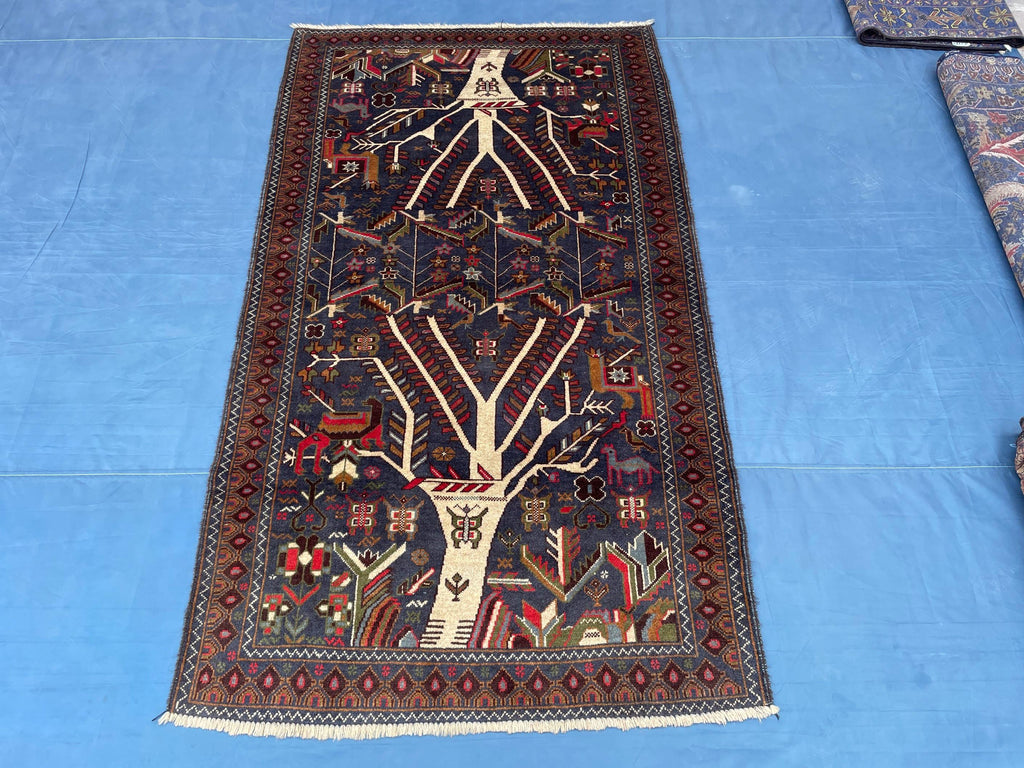 3.7x6.5 ft Tree of Life Handmade Afghan Wool Area Rug, Boho Bedroom Decor