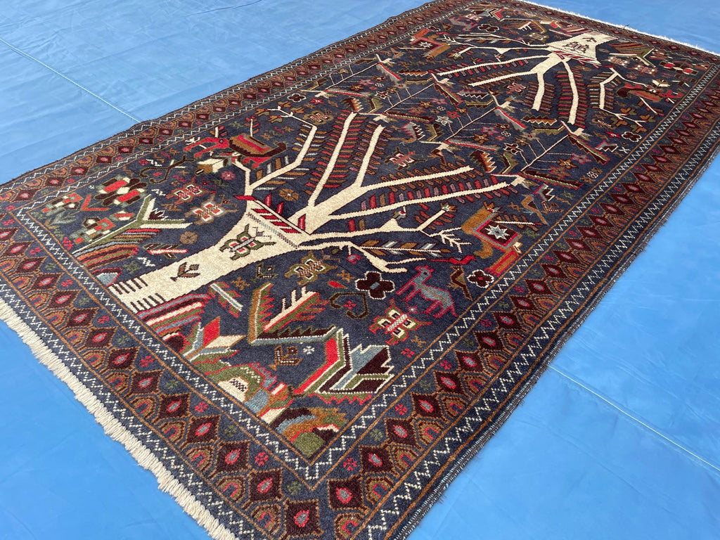 3.7x6.5 ft Tree of Life Handmade Afghan Wool Area Rug, Boho Bedroom Decor