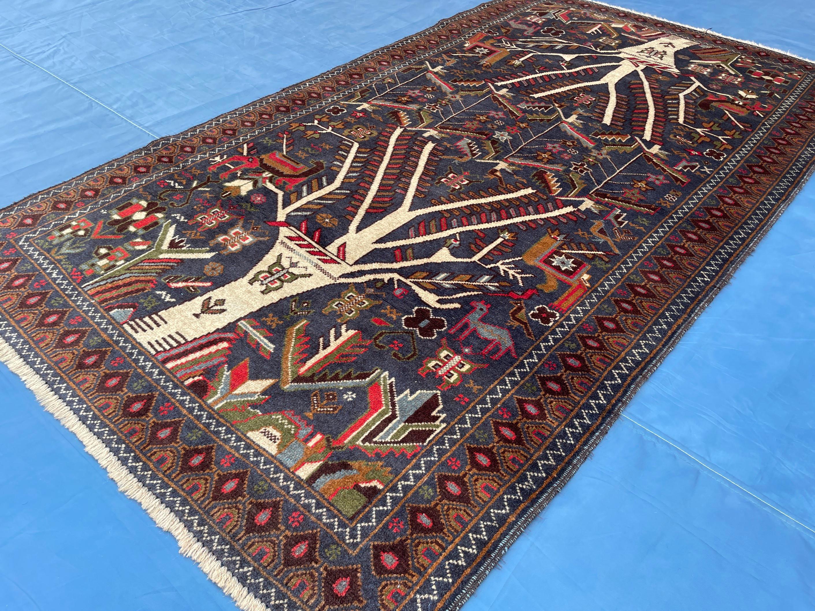 3.7x6.5 ft Tree of Life Handmade Afghan Wool Area Rug, Boho Bedroom Decor