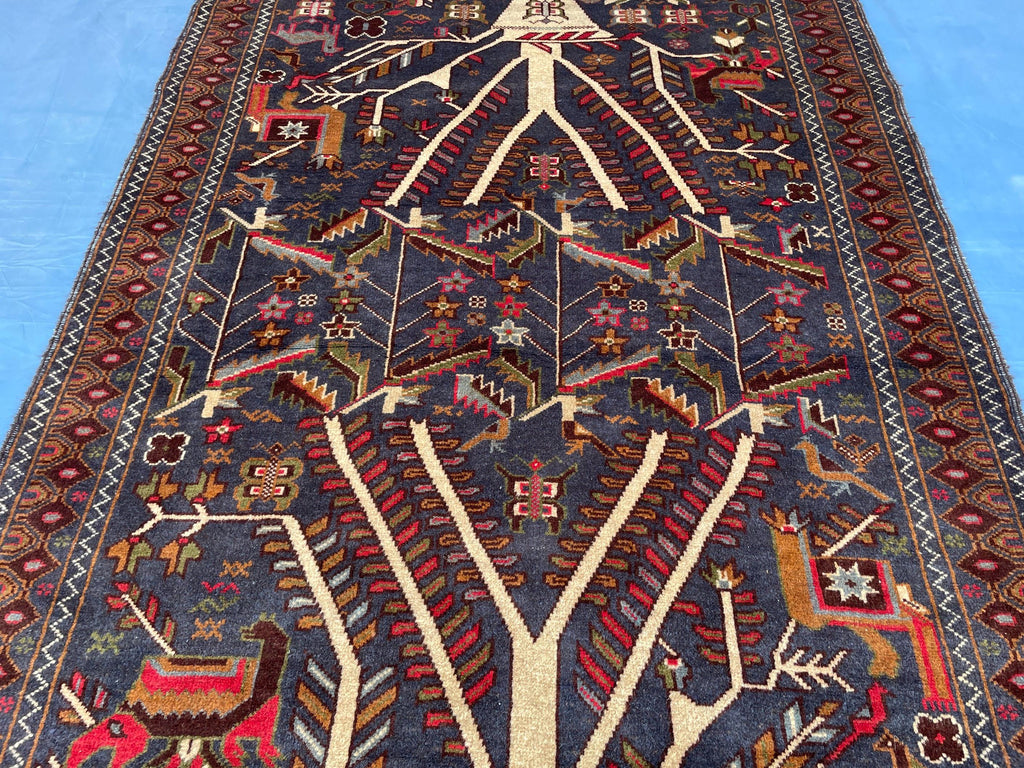 3.7x6.5 ft Tree of Life Handmade Afghan Wool Area Rug, Boho Bedroom Decor