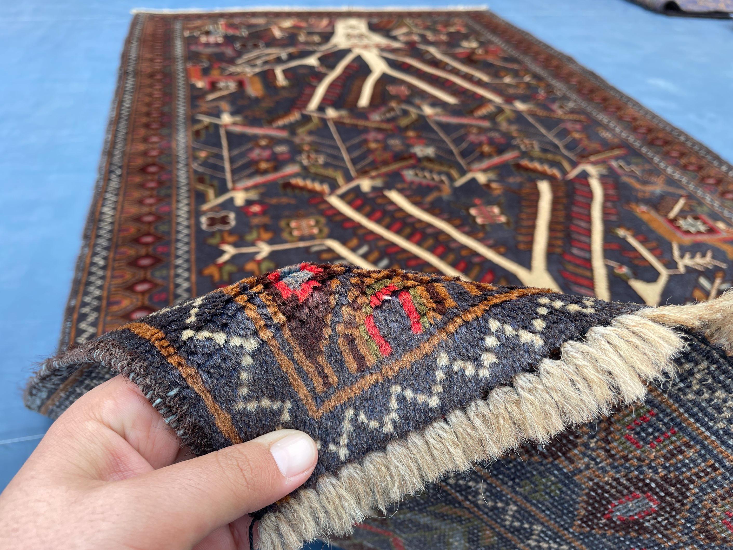 3.7x6.5 ft Tree of Life Handmade Afghan Wool Area Rug, Boho Bedroom Decor