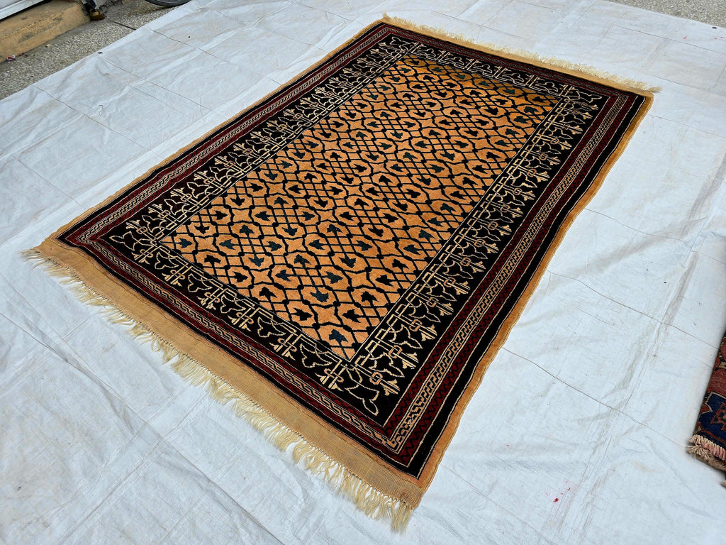 Antique Geometric Rug 4.9x6.6 Ft, Gold Field Black Border Carpet, Vintage Fringed Area Rug