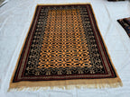 Antique Geometric Rug 4.9x6.6 Ft, Gold Field Black Border Carpet, Vintage Fringed Area Rug