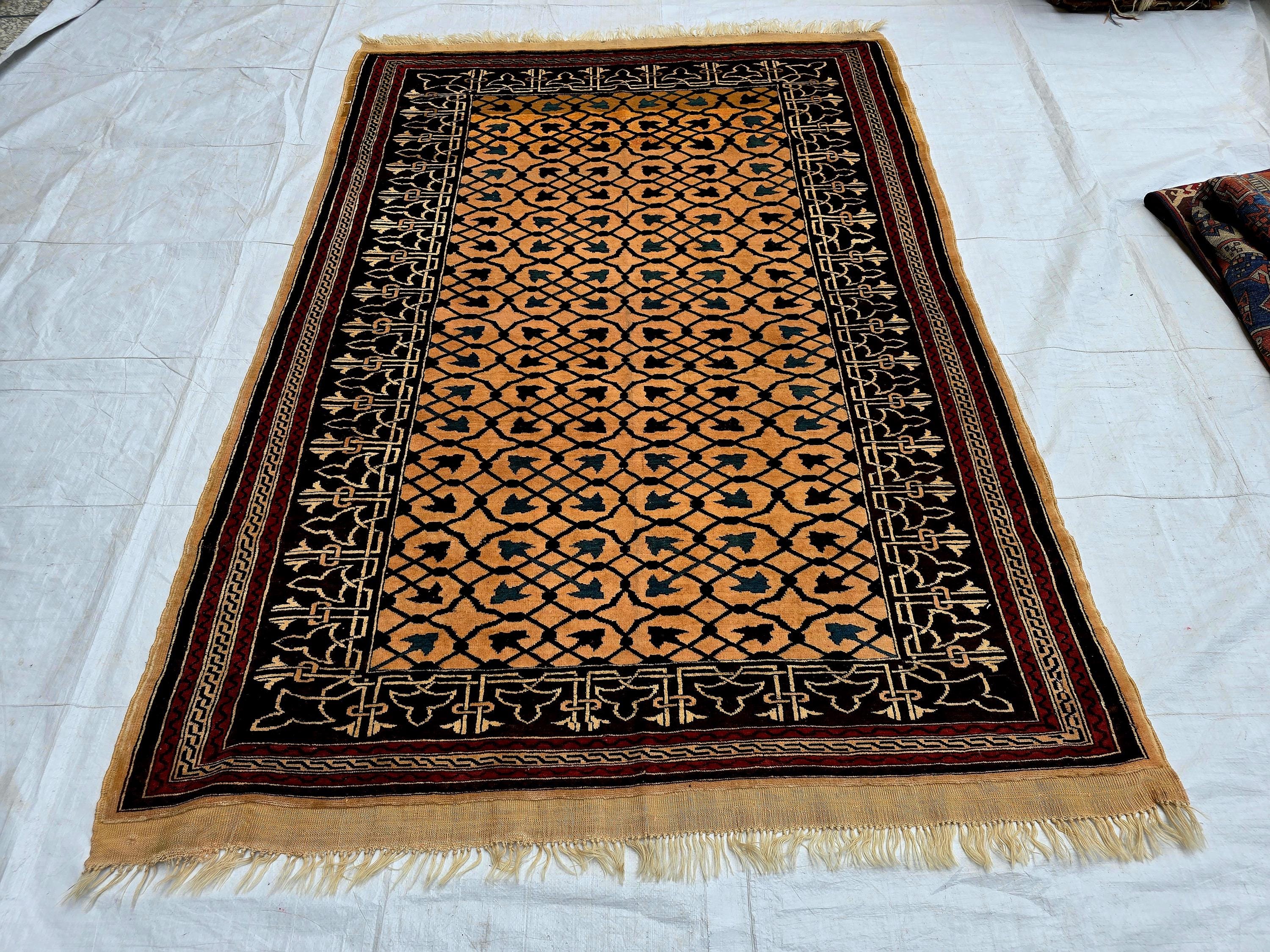 Antique Geometric Rug 4.9x6.6 Ft, Gold Field Black Border Carpet, Vintage Fringed Area Rug