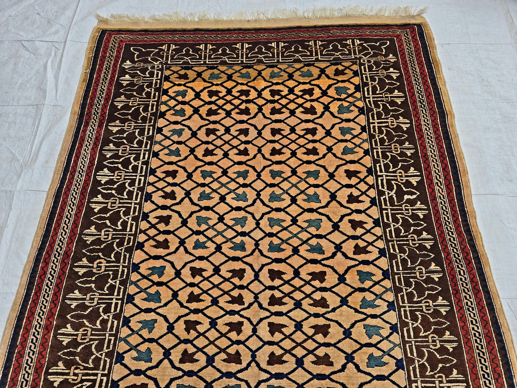 Antique Geometric Rug 4.9x6.6 Ft, Gold Field Black Border Carpet, Vintage Fringed Area Rug