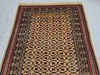 Antique Geometric Rug 4.9x6.6 Ft, Gold Field Black Border Carpet, Vintage Fringed Area Rug