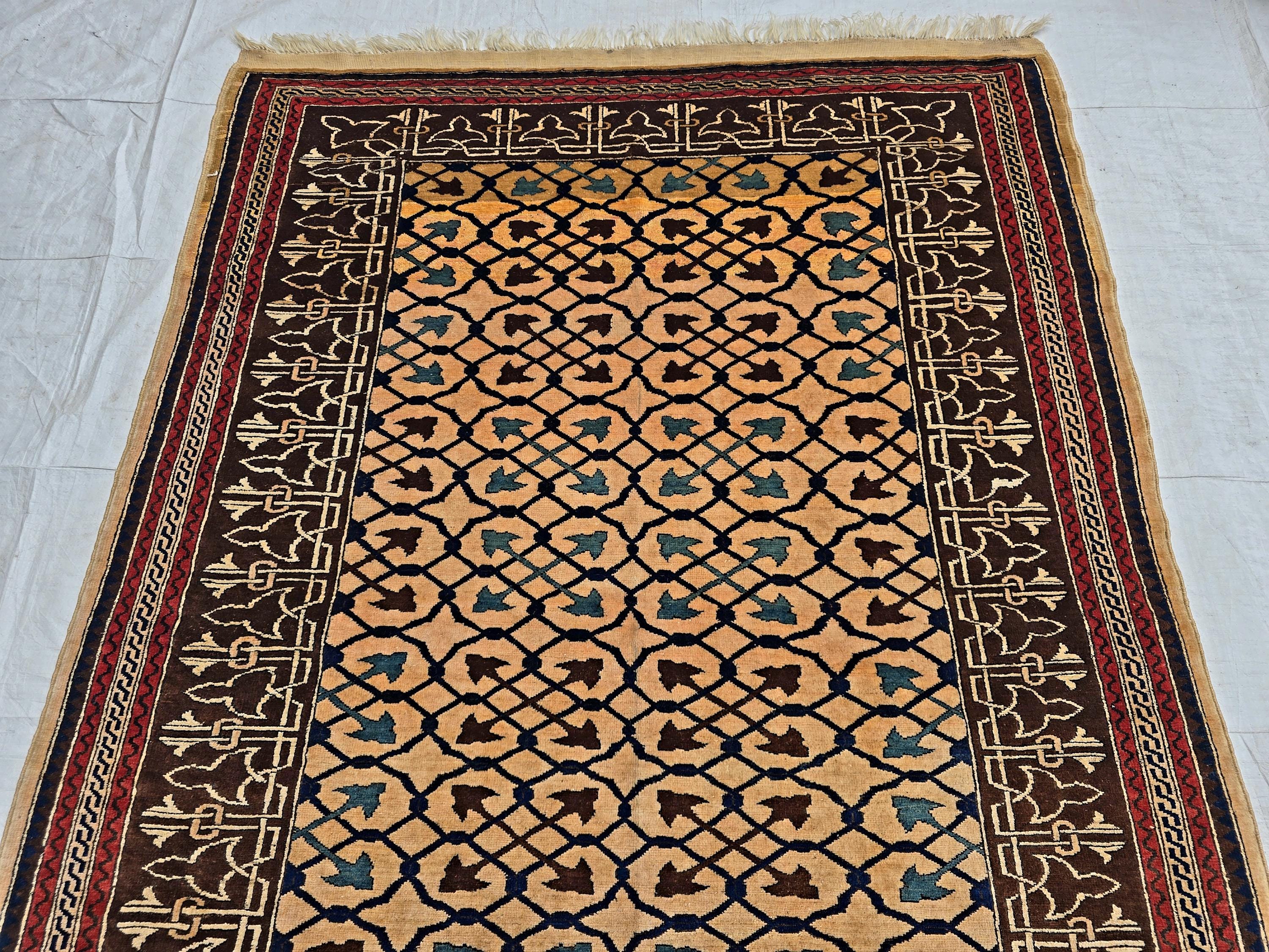 Antique Geometric Rug 4.9x6.6 Ft, Gold Field Black Border Carpet, Vintage Fringed Area Rug