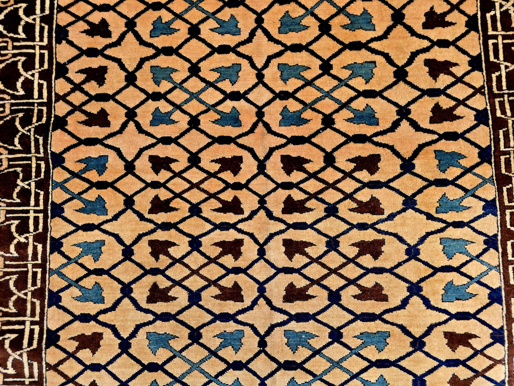 Antique Geometric Rug 4.9x6.6 Ft, Gold Field Black Border Carpet, Vintage Fringed Area Rug
