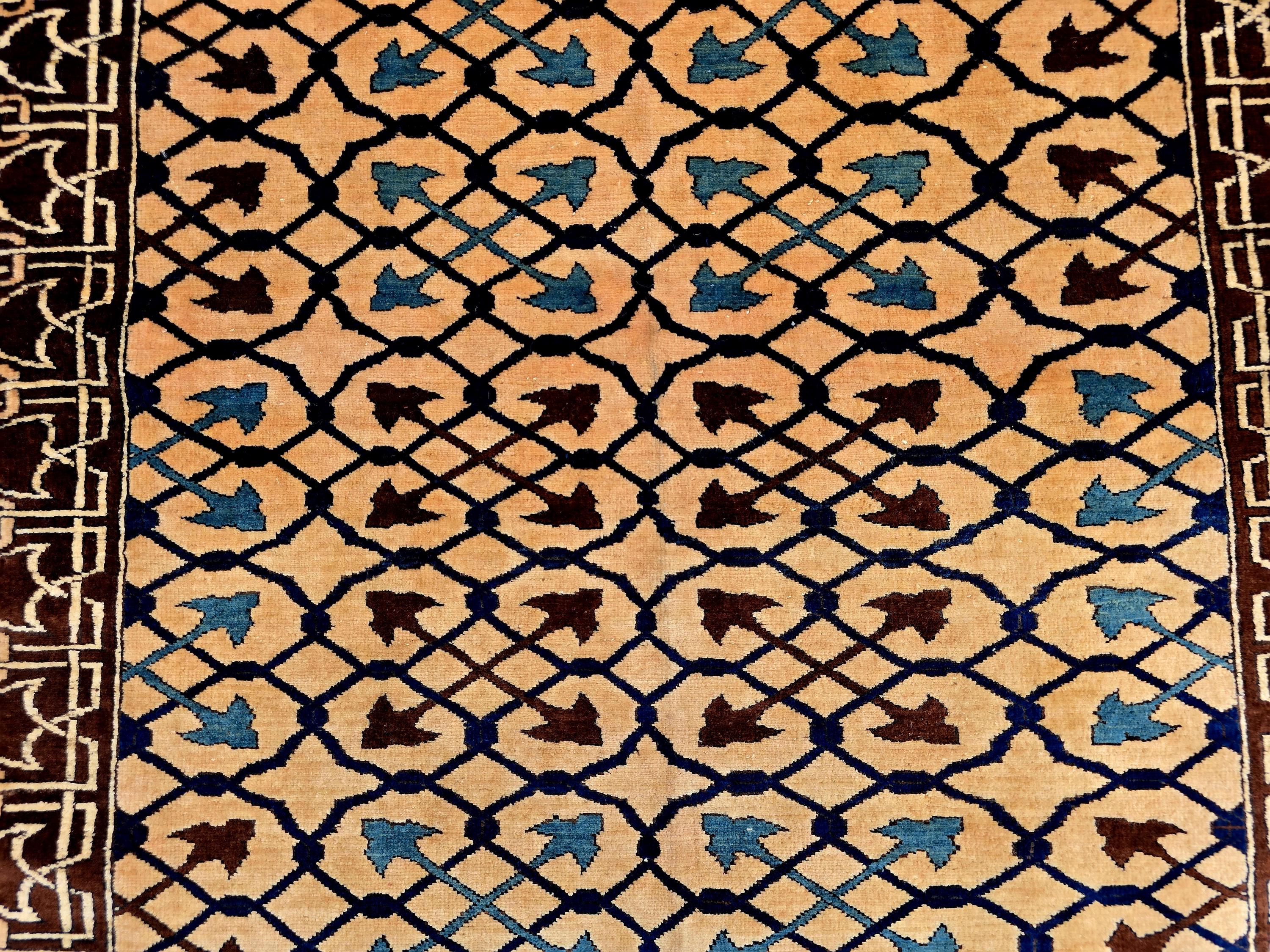 Antique Geometric Rug 4.9x6.6 Ft, Gold Field Black Border Carpet, Vintage Fringed Area Rug