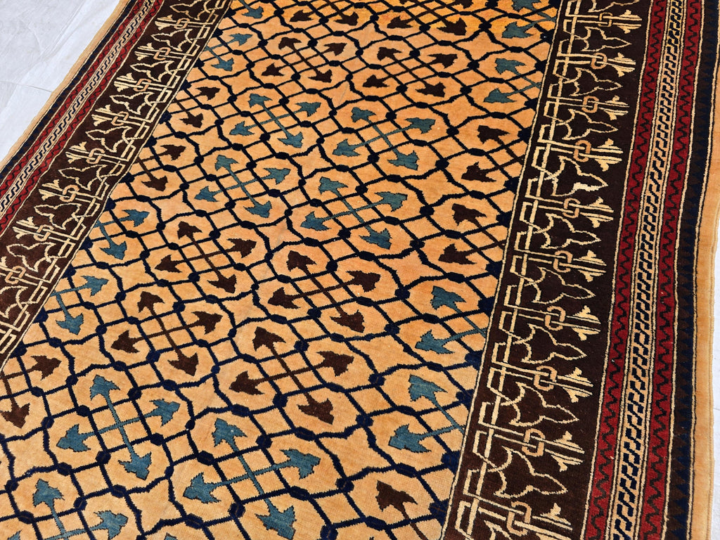 Antique Geometric Rug 4.9x6.6 Ft, Gold Field Black Border Carpet, Vintage Fringed Area Rug