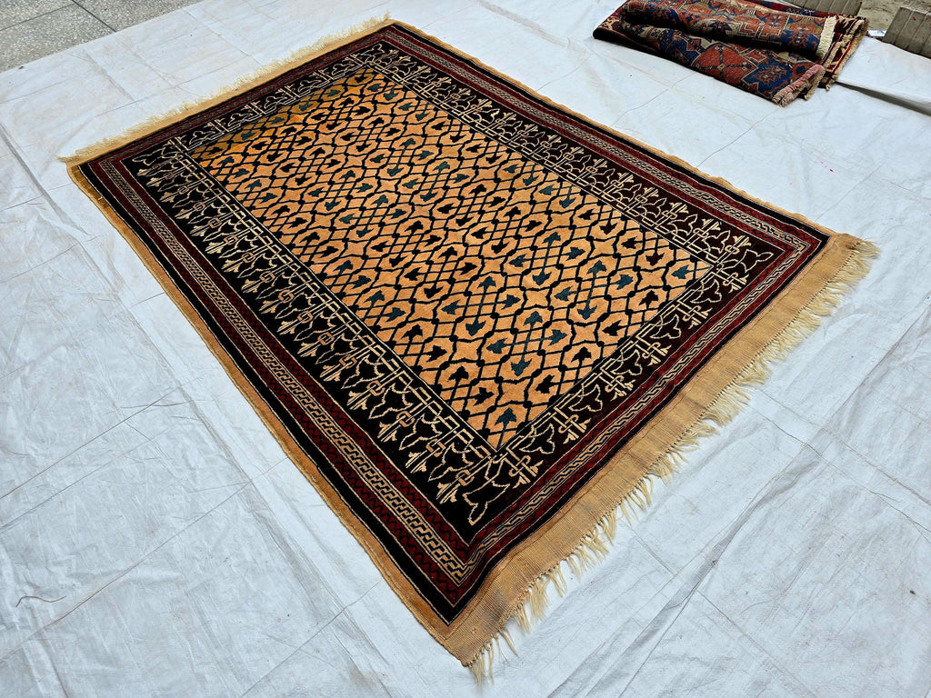 Antique Geometric Rug 4.9x6.6 Ft, Gold Field Black Border Carpet, Vintage Fringed Area Rug