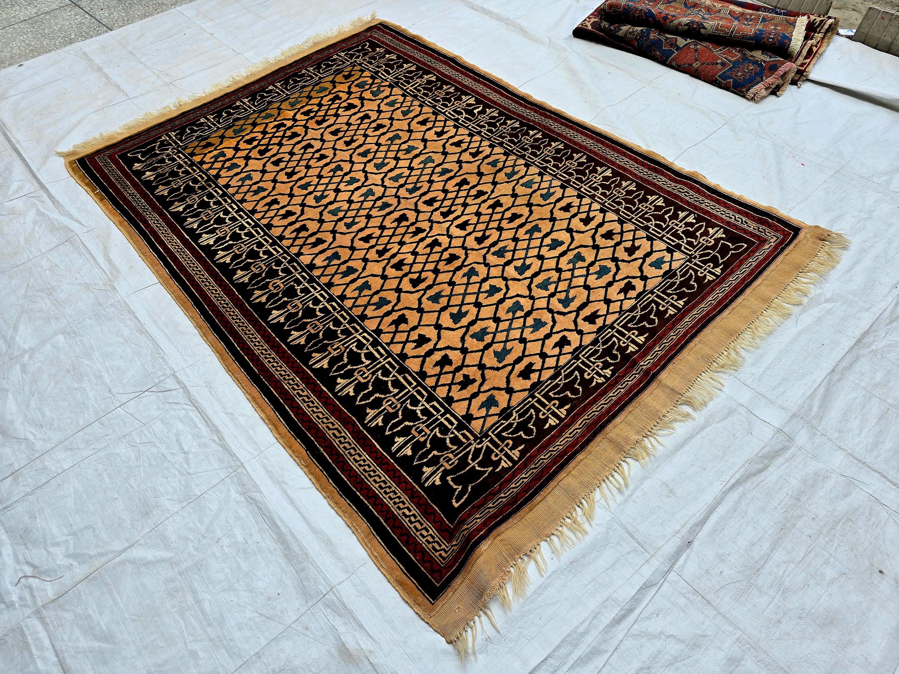 Antique Geometric Rug 4.9x6.6 Ft, Gold Field Black Border Carpet, Vintage Fringed Area Rug