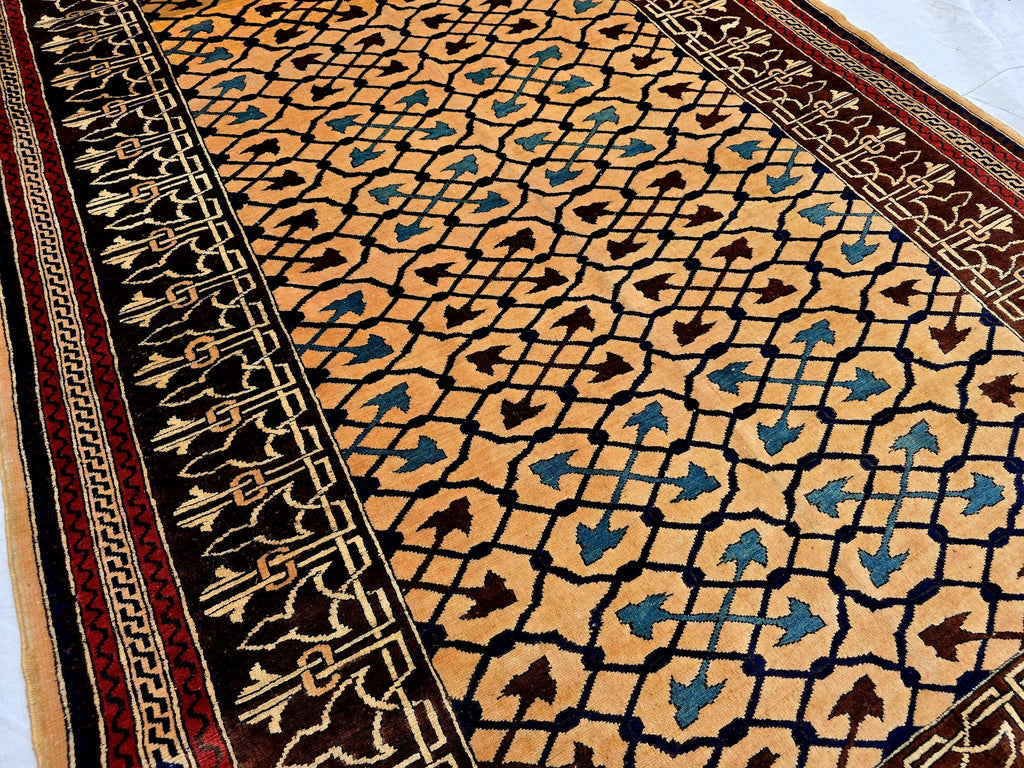 Antique Geometric Rug 4.9x6.6 Ft, Gold Field Black Border Carpet, Vintage Fringed Area Rug