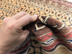 Antique Geometric Rug 4.9x6.6 Ft, Gold Field Black Border Carpet, Vintage Fringed Area Rug