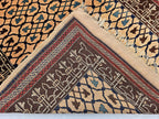 Antique Geometric Rug 4.9x6.6 Ft, Gold Field Black Border Carpet, Vintage Fringed Area Rug