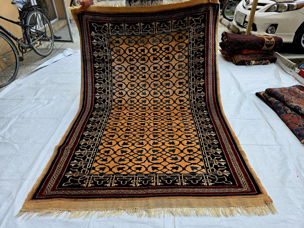 Antique Geometric Rug 4.9x6.6 Ft, Gold Field Black Border Carpet, Vintage Fringed Area Rug