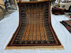 Antique Geometric Rug 4.9x6.6 Ft, Gold Field Black Border Carpet, Vintage Fringed Area Rug