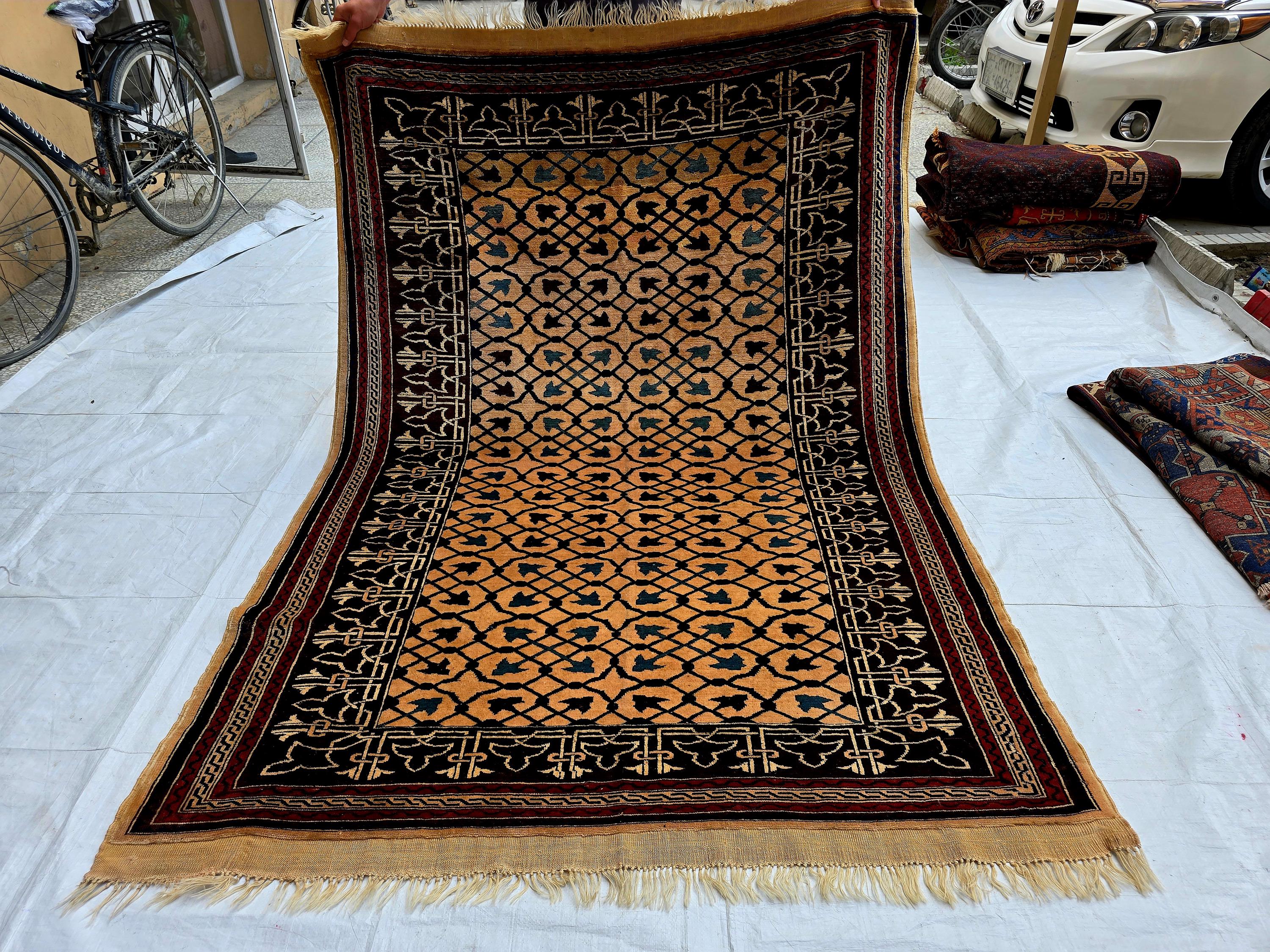 Antique Geometric Rug 4.9x6.6 Ft, Gold Field Black Border Carpet, Vintage Fringed Area Rug