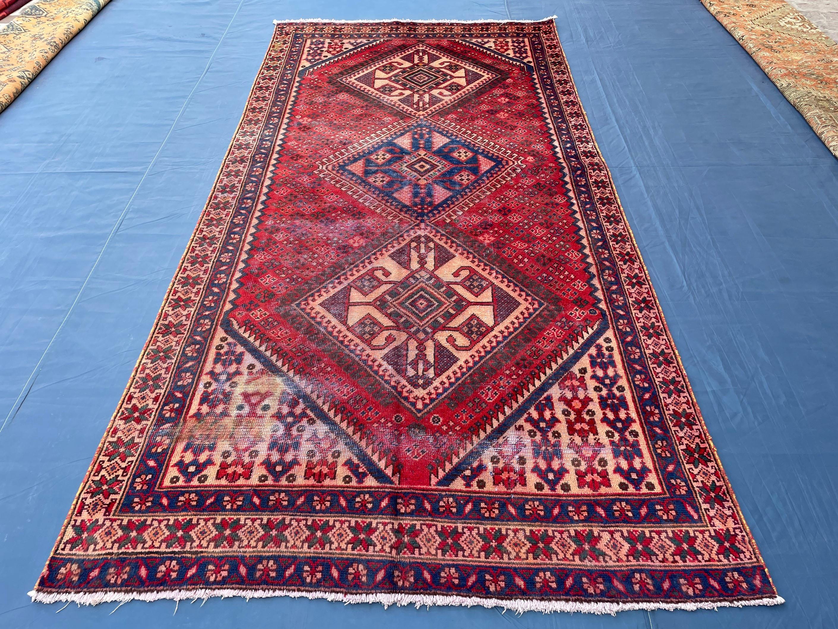 Vintage 4'8x9'6 ft Afghan Tribal Rug – Red & Indigo Geometric Design – Handwoven Antique Wool Carpet
