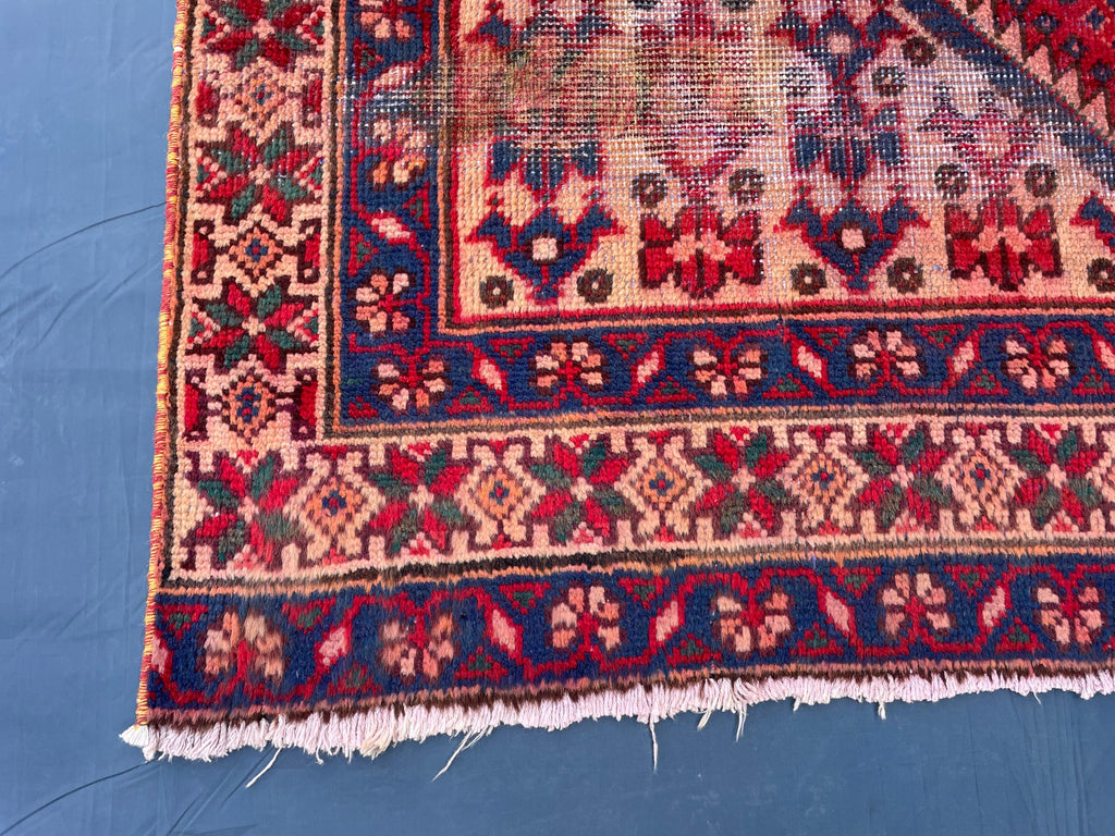 Vintage 4'8x9'6 ft Afghan Tribal Rug – Red & Indigo Geometric Design – Handwoven Antique Wool Carpet