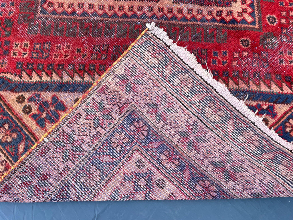 Vintage 4'8x9'6 ft Afghan Tribal Rug – Red & Indigo Geometric Design – Handwoven Antique Wool Carpet