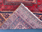 Vintage 4'8x9'6 ft Afghan Tribal Rug – Red & Indigo Geometric Design – Handwoven Antique Wool Carpet