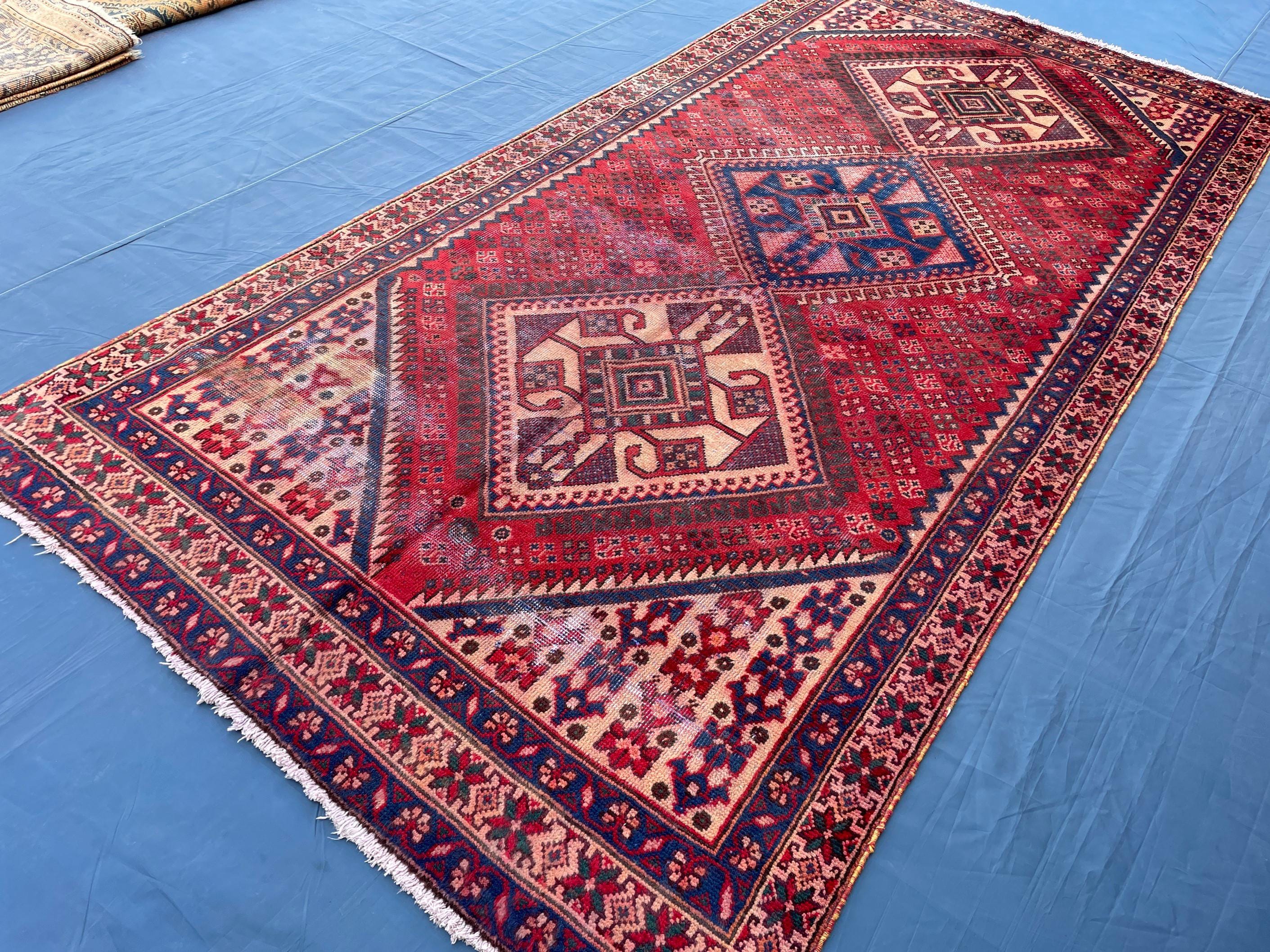 Vintage 4'8x9'6 ft Afghan Tribal Rug – Red & Indigo Geometric Design – Handwoven Antique Wool Carpet