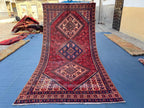 Vintage 4'8x9'6 ft Afghan Tribal Rug – Red & Indigo Geometric Design – Handwoven Antique Wool Carpet