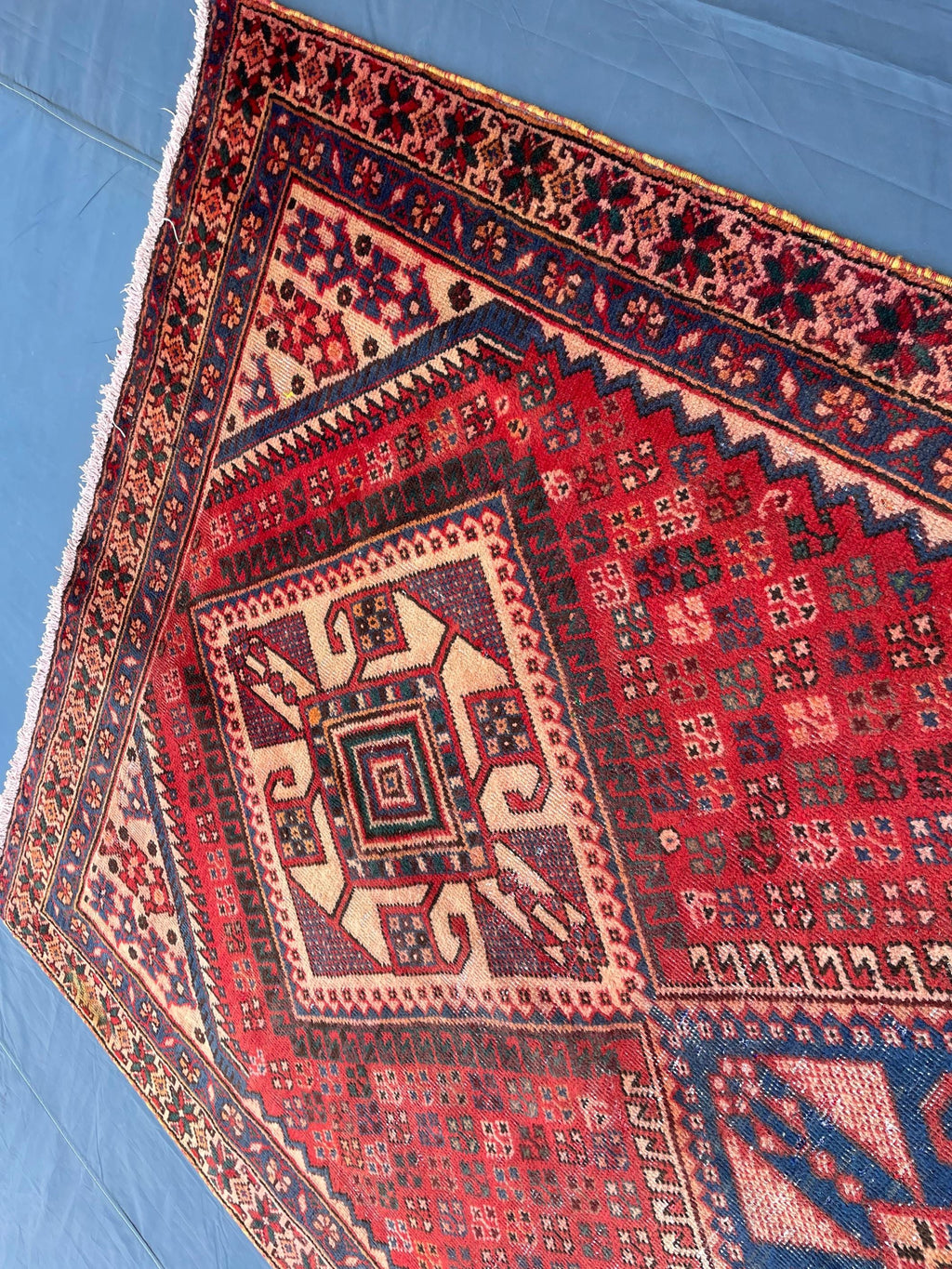 Vintage 4'8x9'6 ft Afghan Tribal Rug – Red & Indigo Geometric Design – Handwoven Antique Wool Carpet