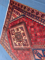Vintage 4'8x9'6 ft Afghan Tribal Rug – Red & Indigo Geometric Design – Handwoven Antique Wool Carpet