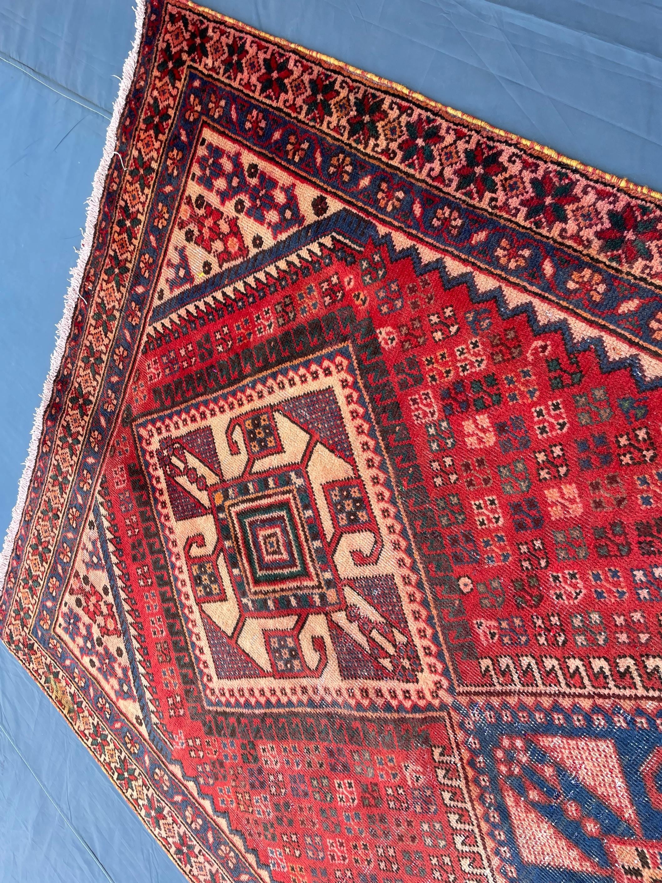 Vintage 4'8x9'6 ft Afghan Tribal Rug – Red & Indigo Geometric Design – Handwoven Antique Wool Carpet