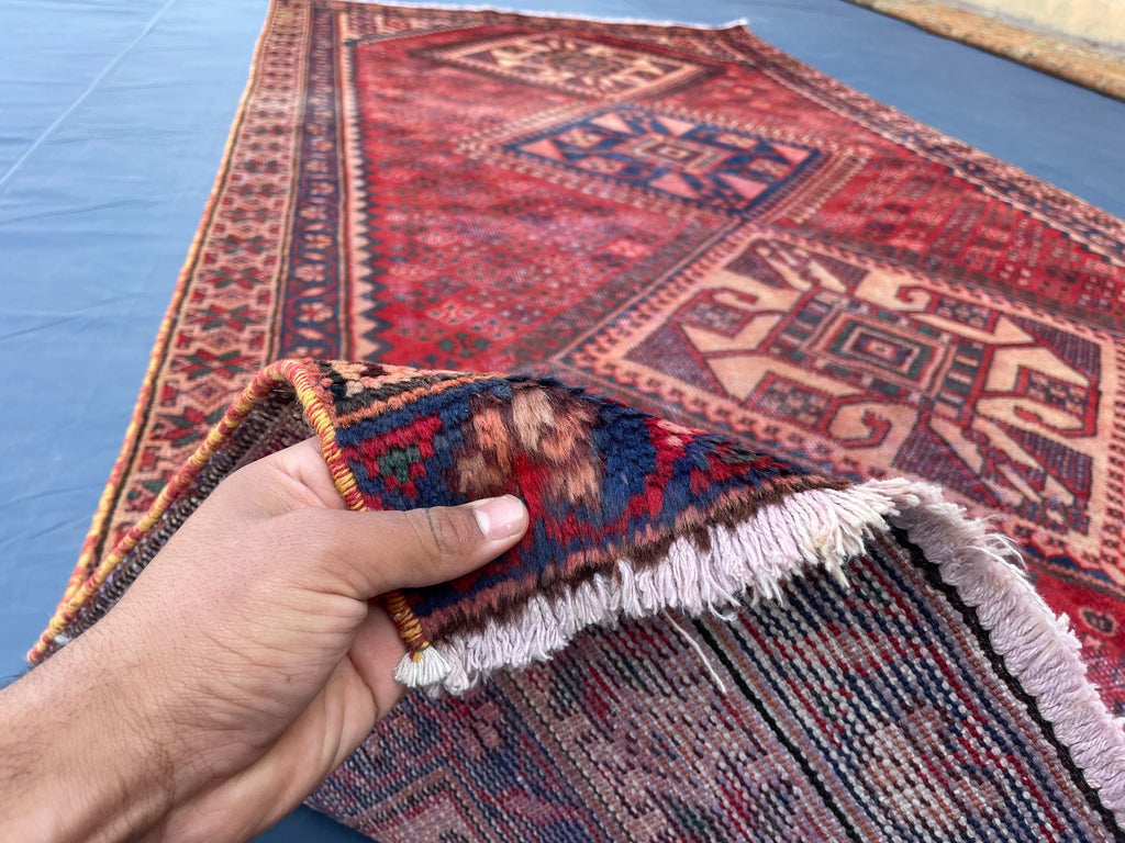 Vintage 4'8x9'6 ft Afghan Tribal Rug – Red & Indigo Geometric Design – Handwoven Antique Wool Carpet