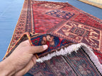 Vintage 4'8x9'6 ft Afghan Tribal Rug – Red & Indigo Geometric Design – Handwoven Antique Wool Carpet