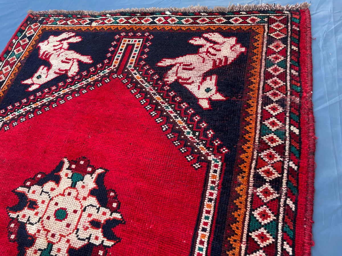 3.6x4.10 1950s Vintage Handmade Herati Rug for Bedroom or Entryway, Rustic Home Decor