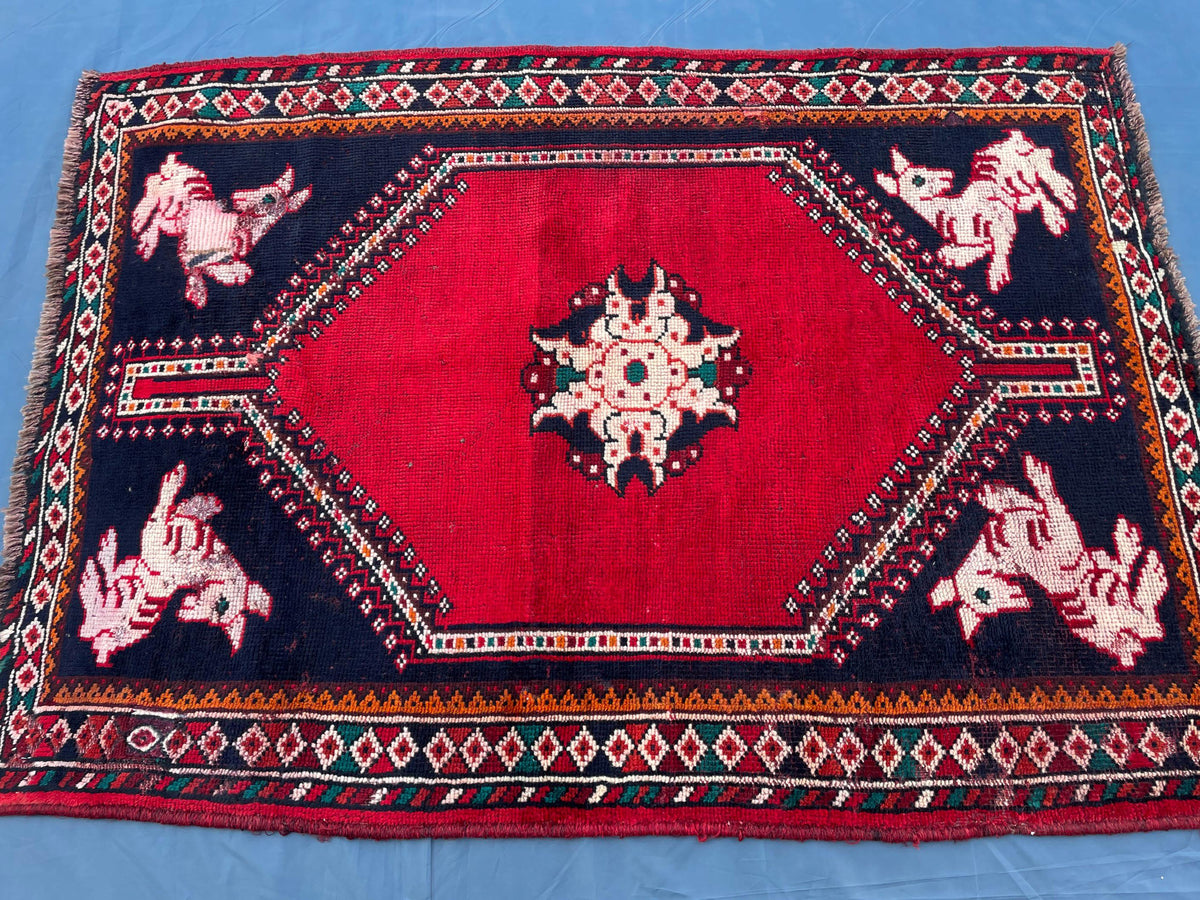 3.6x4.10 1950s Vintage Handmade Herati Rug for Bedroom or Entryway, Rustic Home Decor