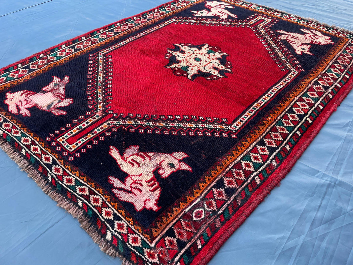 3.6x4.10 1950s Vintage Handmade Herati Rug for Bedroom or Entryway, Rustic Home Decor