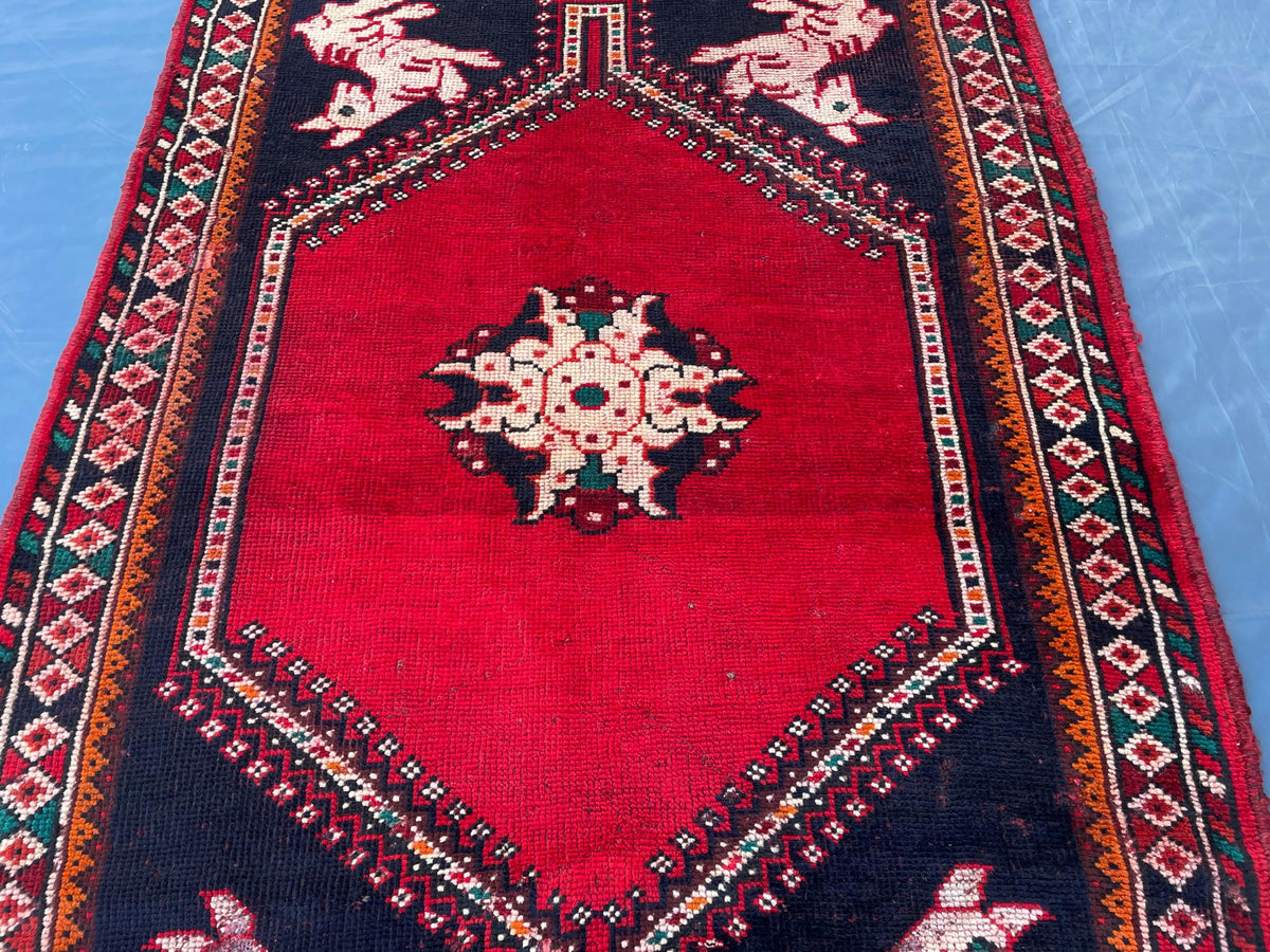 3.6x4.10 1950s Vintage Handmade Herati Rug for Bedroom or Entryway, Rustic Home Decor