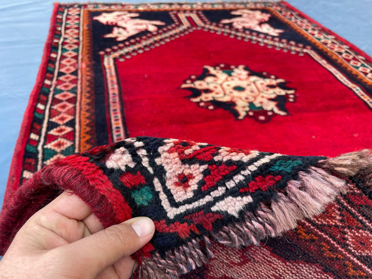 3.6x4.10 1950s Vintage Handmade Herati Rug for Bedroom or Entryway, Rustic Home Decor