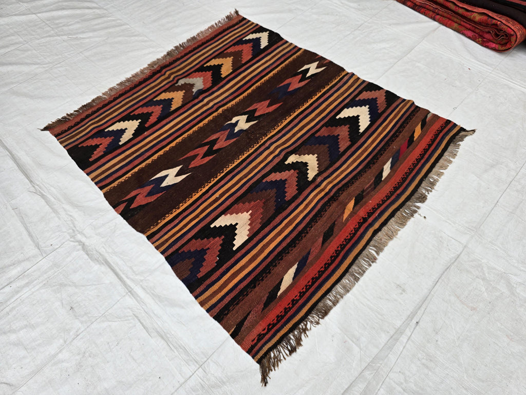 Antique Kilim Rug 5x6 Ft, Handwoven Wool Flatweave, Geometric Tribal Area Rug