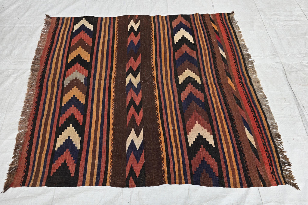 Antique Kilim Rug 5x6 Ft, Handwoven Wool Flatweave, Geometric Tribal Area Rug