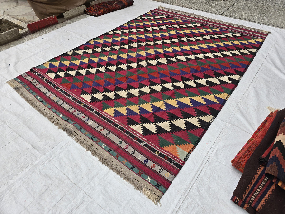 7x10 Vintage Kilim Rug, Large Flatweave Geometric Tribal Boho Area Rug, Multicolor Fringed Carpet